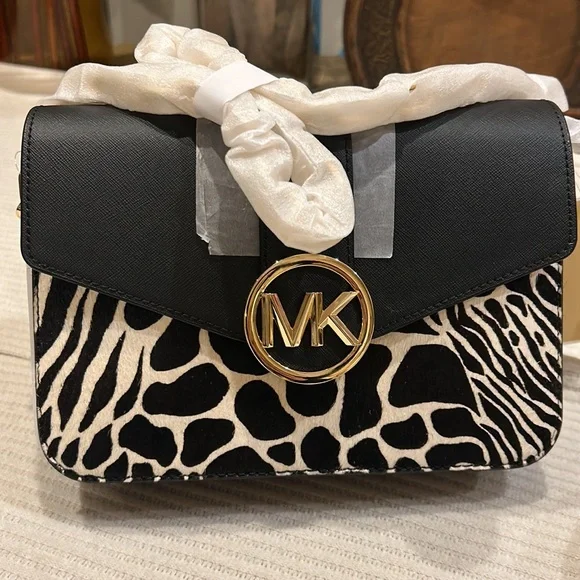 Michael Kors Carmen Medium Flap Chain Shoulder Crossbody Bag Black Haircalf - Picture 16 of 16